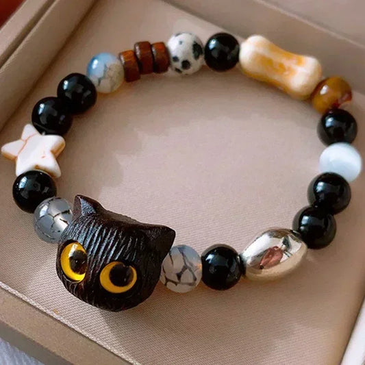 "Trendy Natural Stone Black Cat Bracelet"